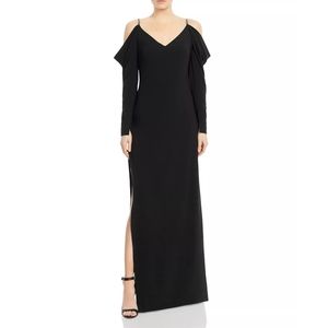Halston Heritage Draped Cold Shoulder Long Sleeve Black Maxi Dress